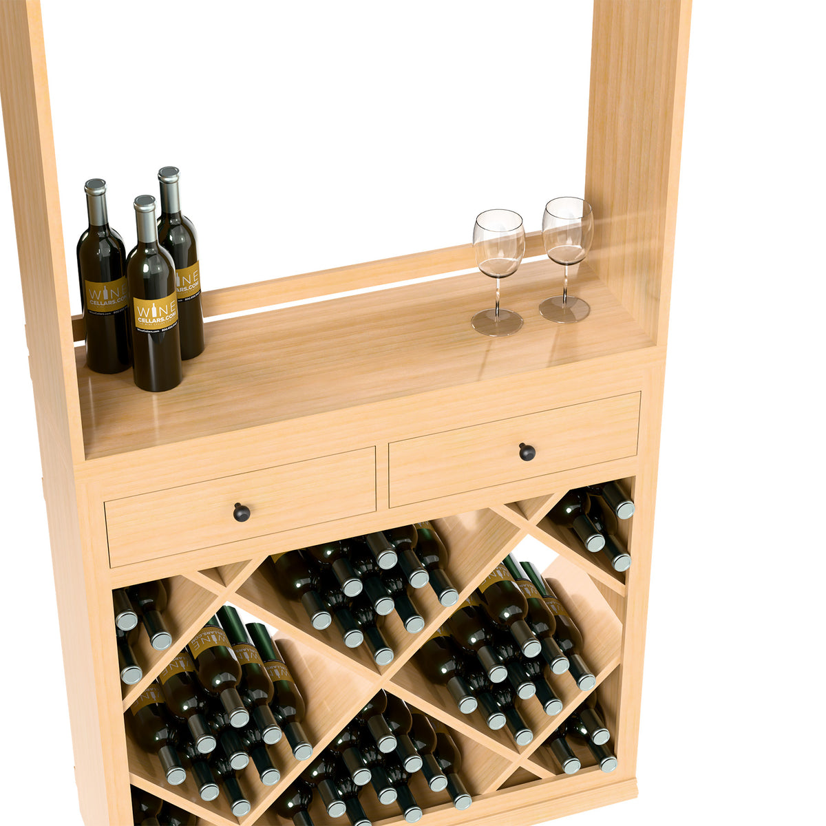 Wood wine tasting station with top shelf holding bottles and stemmed glasses, diamond racks