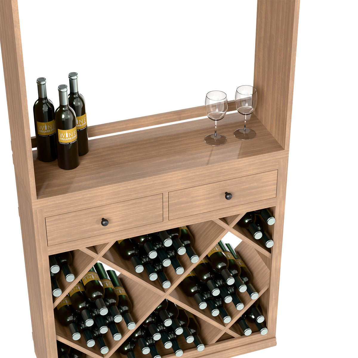 Wine tasting station with open lower bottle racks, drawers, and glassware on top