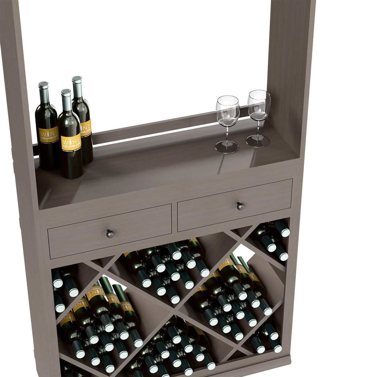 Wine tasting station with top bottles and glassware and front crisscross bottle storage