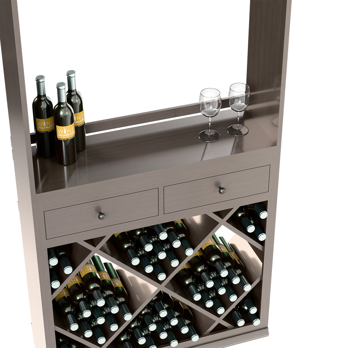 Wood wine tasting station with top shelf bottles and glasses and lower crisscross bottle racks