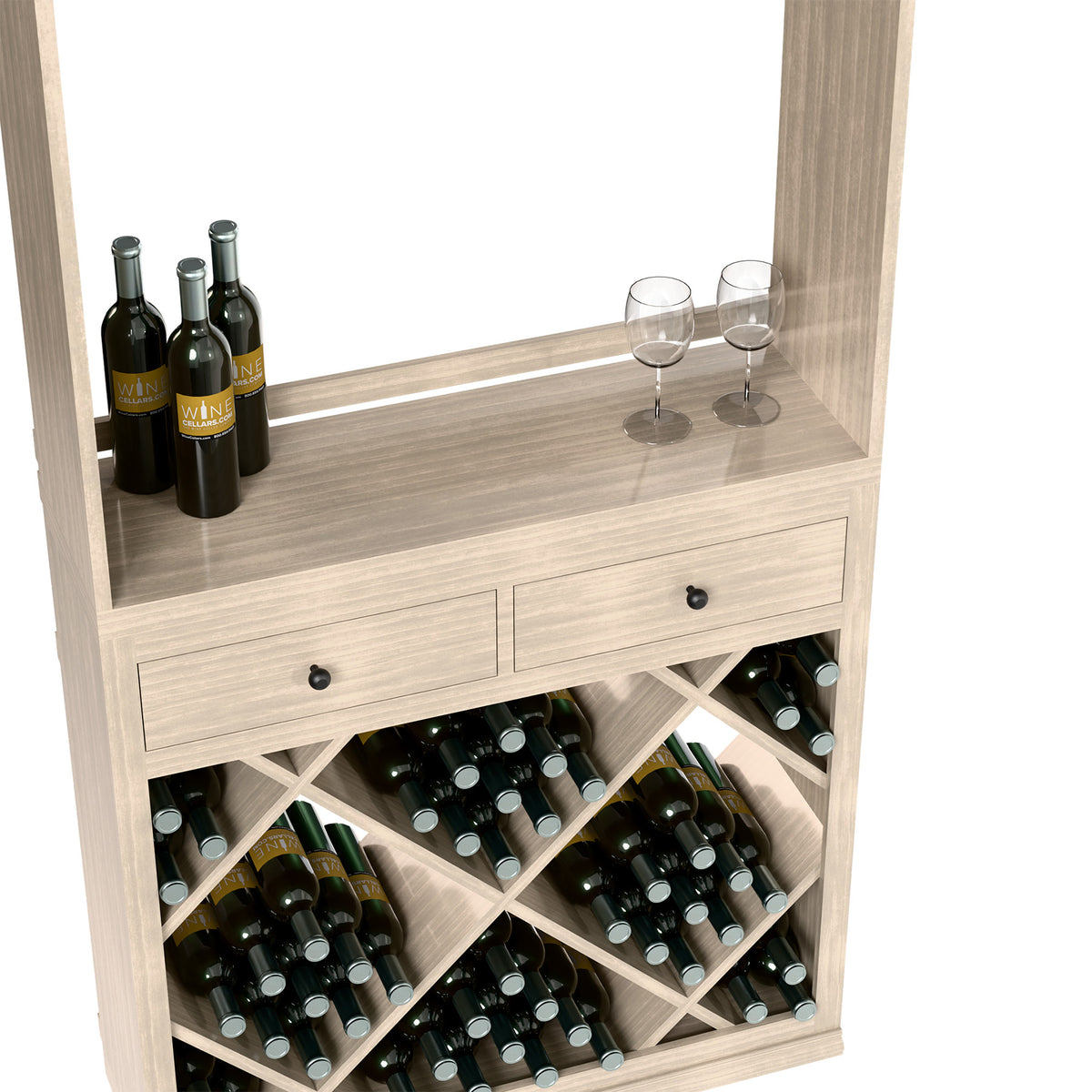 Close-up of light gray wine cabinet drawer and X-style wine bottle cubbies with bottles