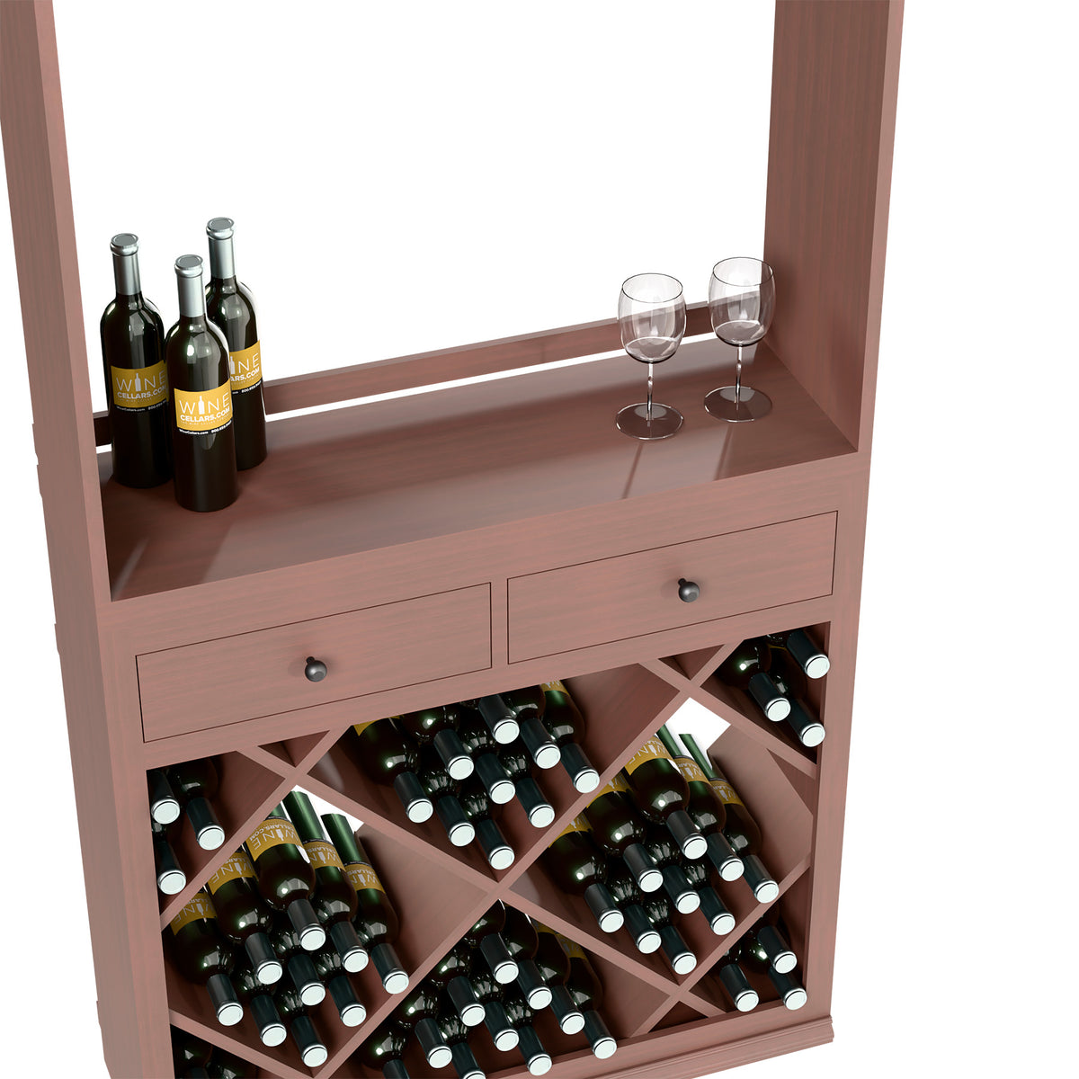 Dark brown bar cabinet close-up with wine bottle racks, bottles, and two glasses