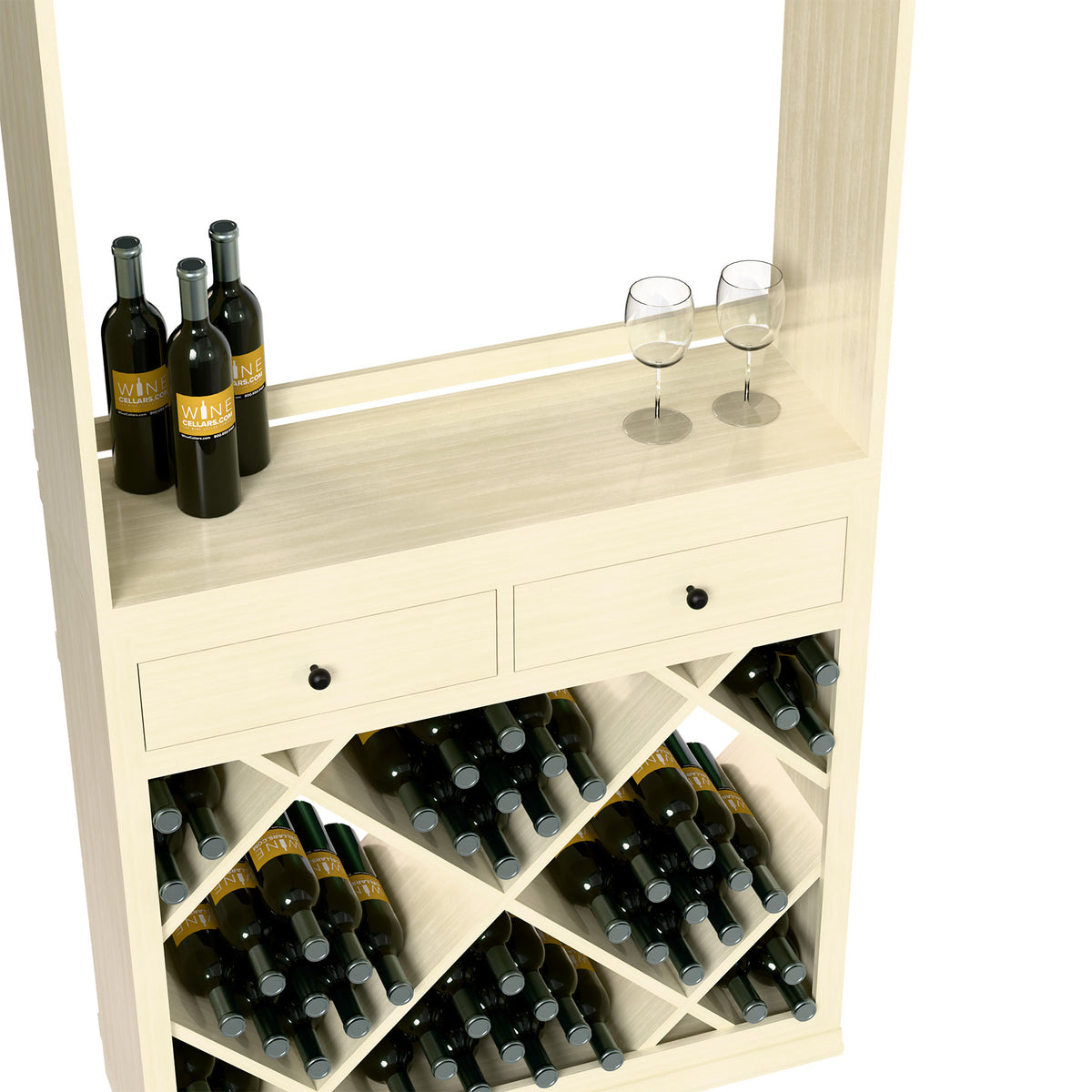 Light wood wine tasting station with top shelf bottles, open drawers, and wine bottle cubbies