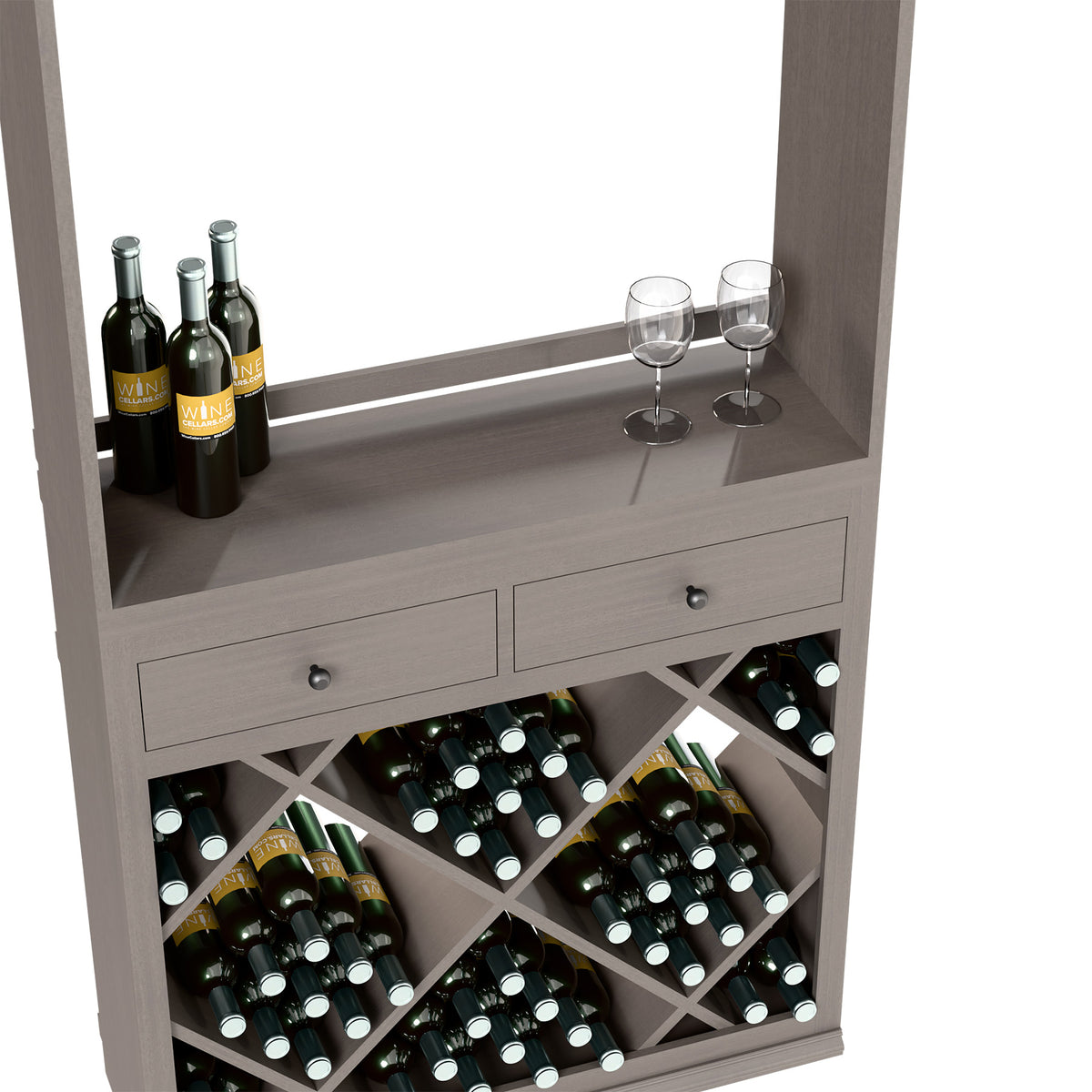 Wine tasting station interior with bottle display, two glasses, and front drawer and wine racks