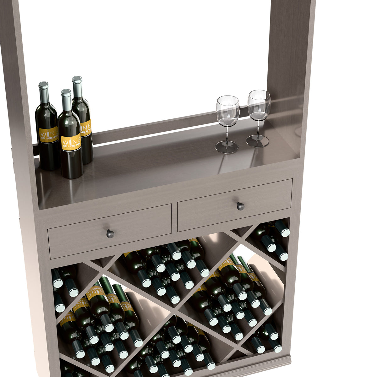 Gray wine tasting station with bottle racks below, two glasses on shelf, and drawer handles
