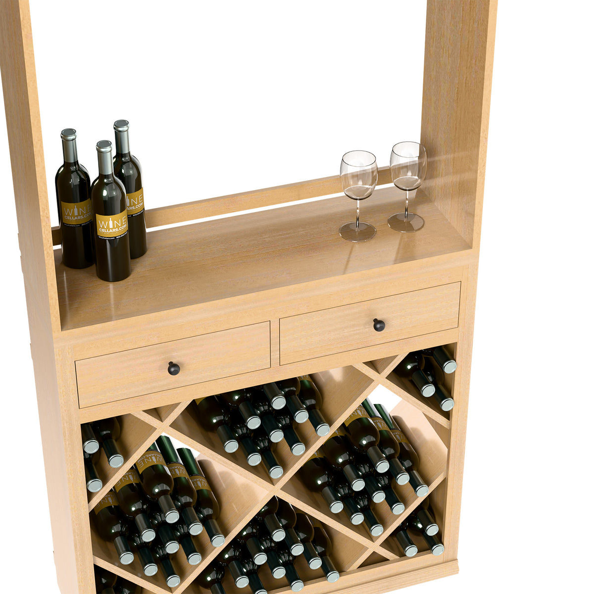 Light wood wine tasting station corner view with bottles, stemware, and diamond bottle rack.