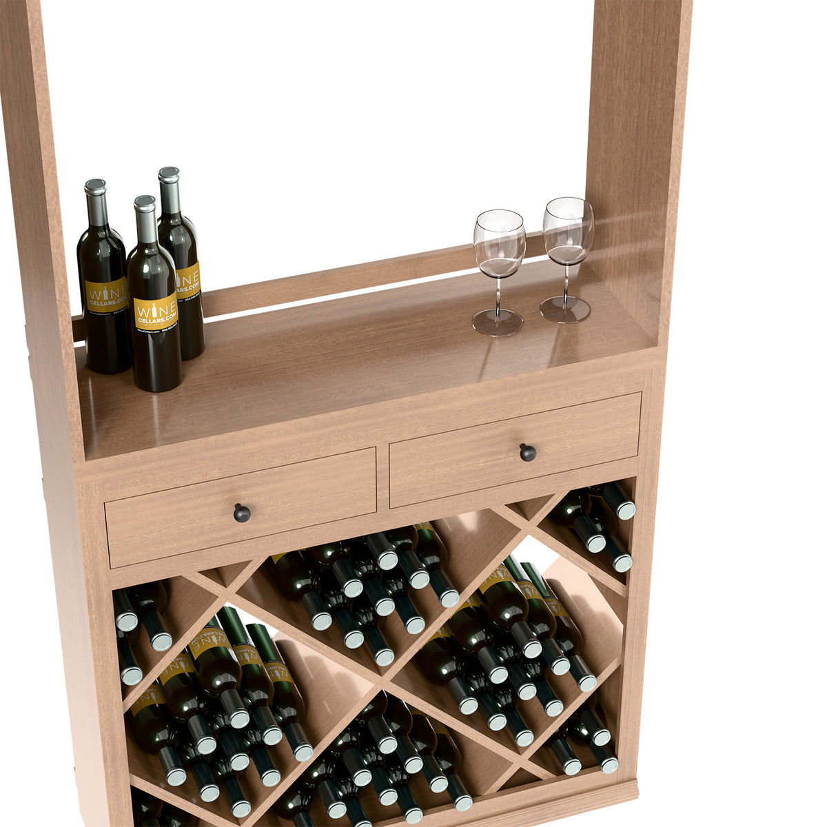 Light wood wine tasting station front view with square bottle rack and 3 wine bottles