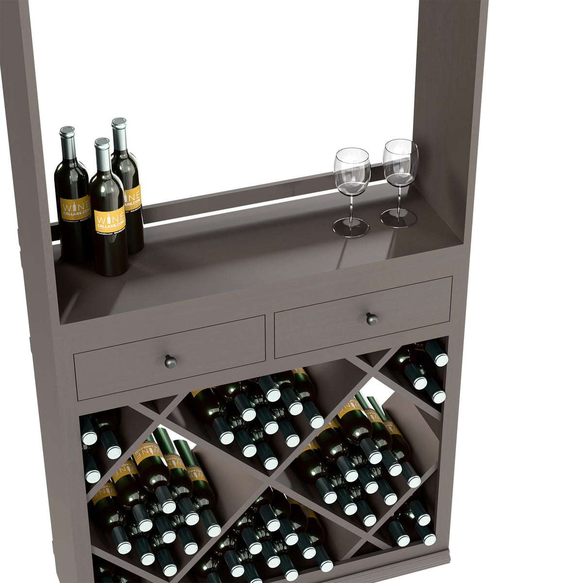 Light wood wine tasting station with drawer and square bottle rack holding dark bottles