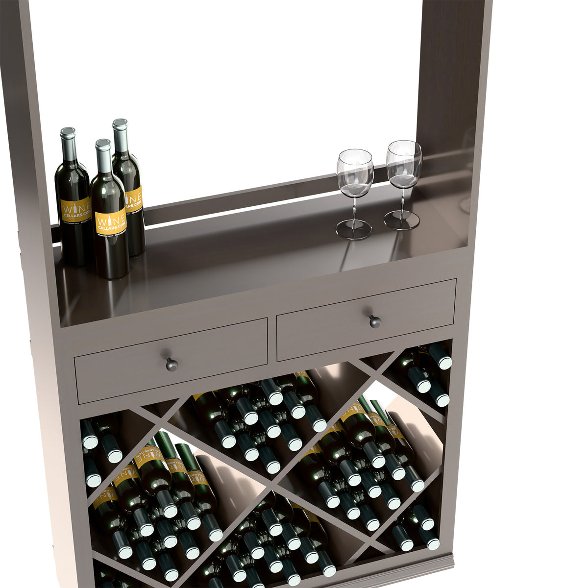 Light wood wine tasting station with drawer and square bottle rack, bottles and wine glasses