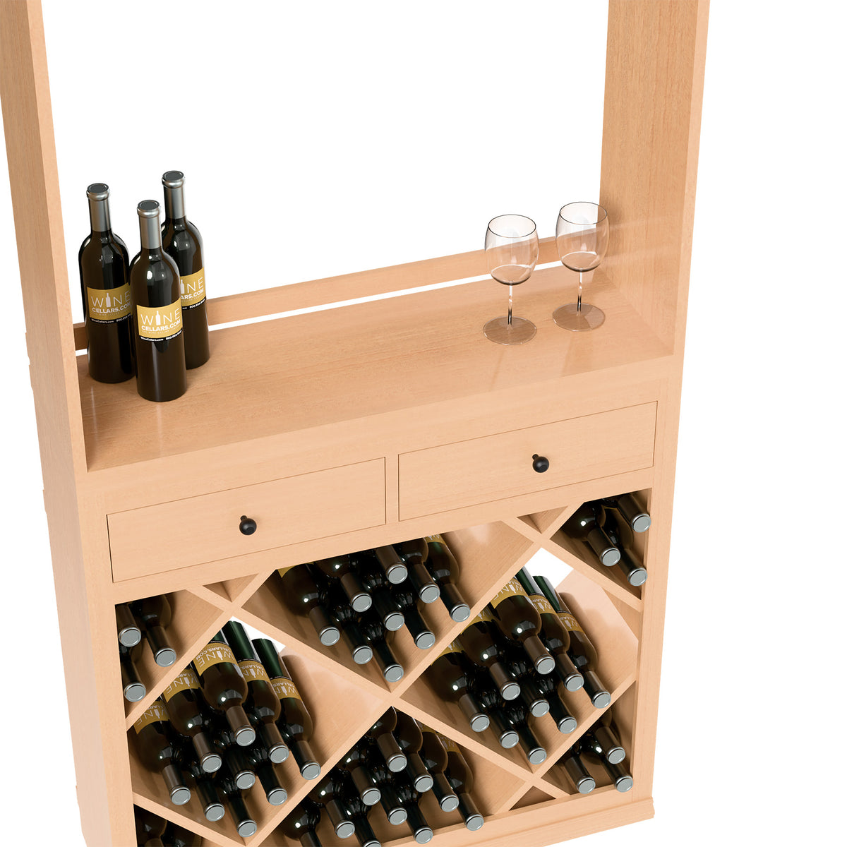Light wood wine station front panel with drawers, two stem glasses, and bottle storage