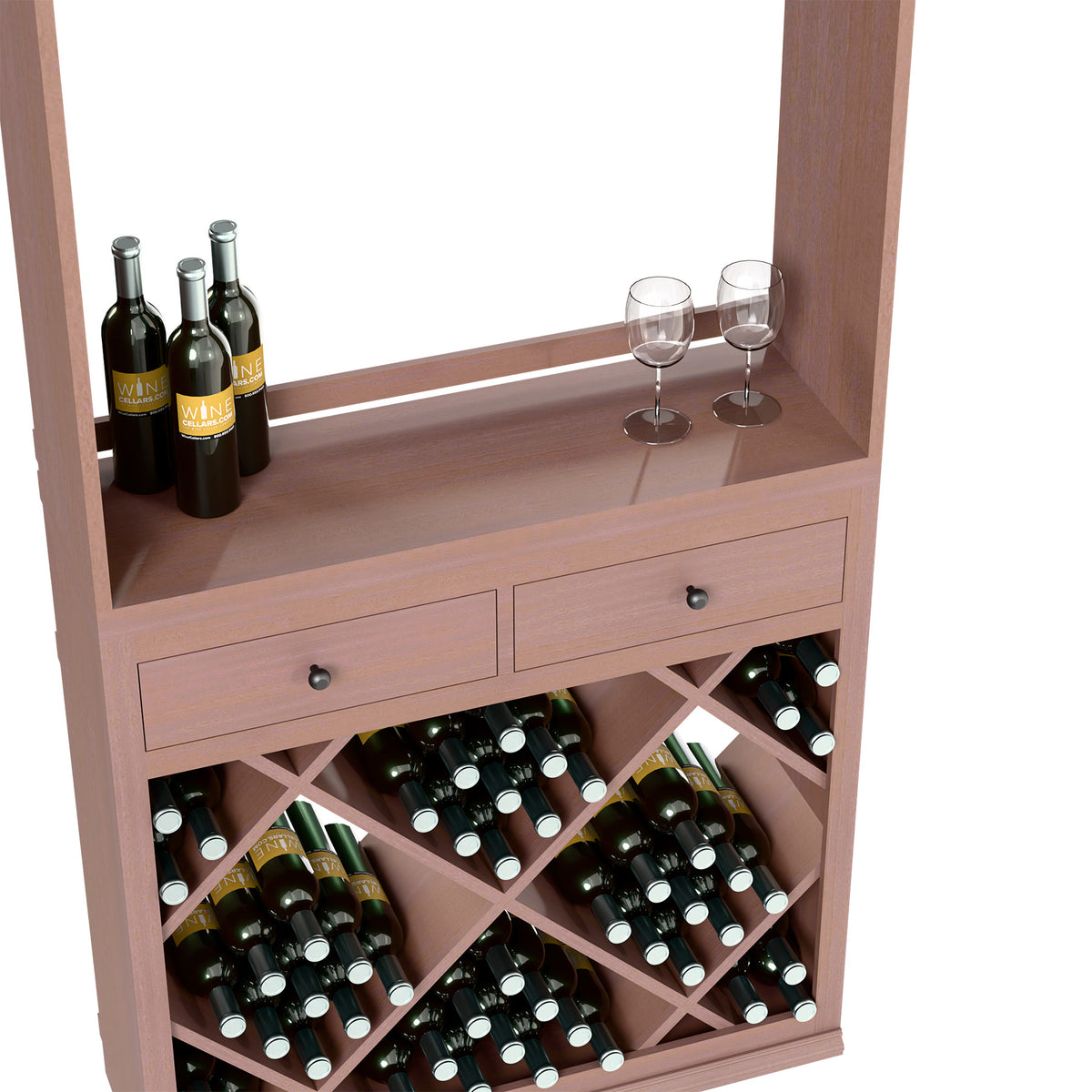 Light wood wine station with drawers, wine bottle lineup, and diamond bottle bins