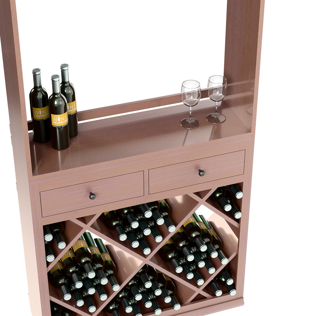 Light wood wine station with drawers, stem glasses, and diamond bottle bins