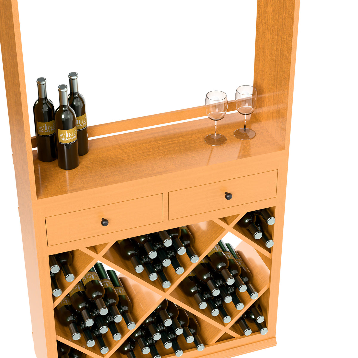 Wood wine tasting station with drawers, diamond bottle racks, and wine bottles on top.