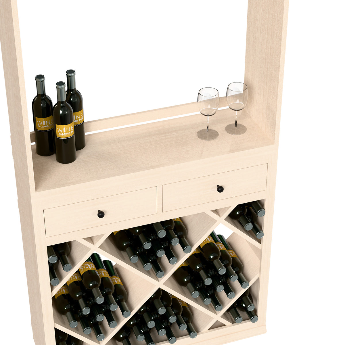 Wood wine tasting station with top shelf, glassware, and diamond-pattern bottle storage.