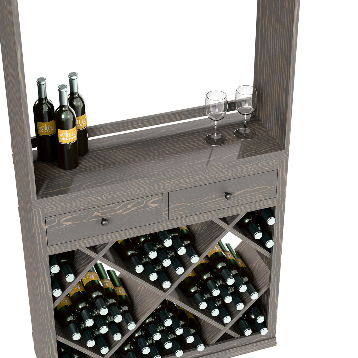 Gray wine tasting station showing drawer and X-frame bottle slots with bottles inside