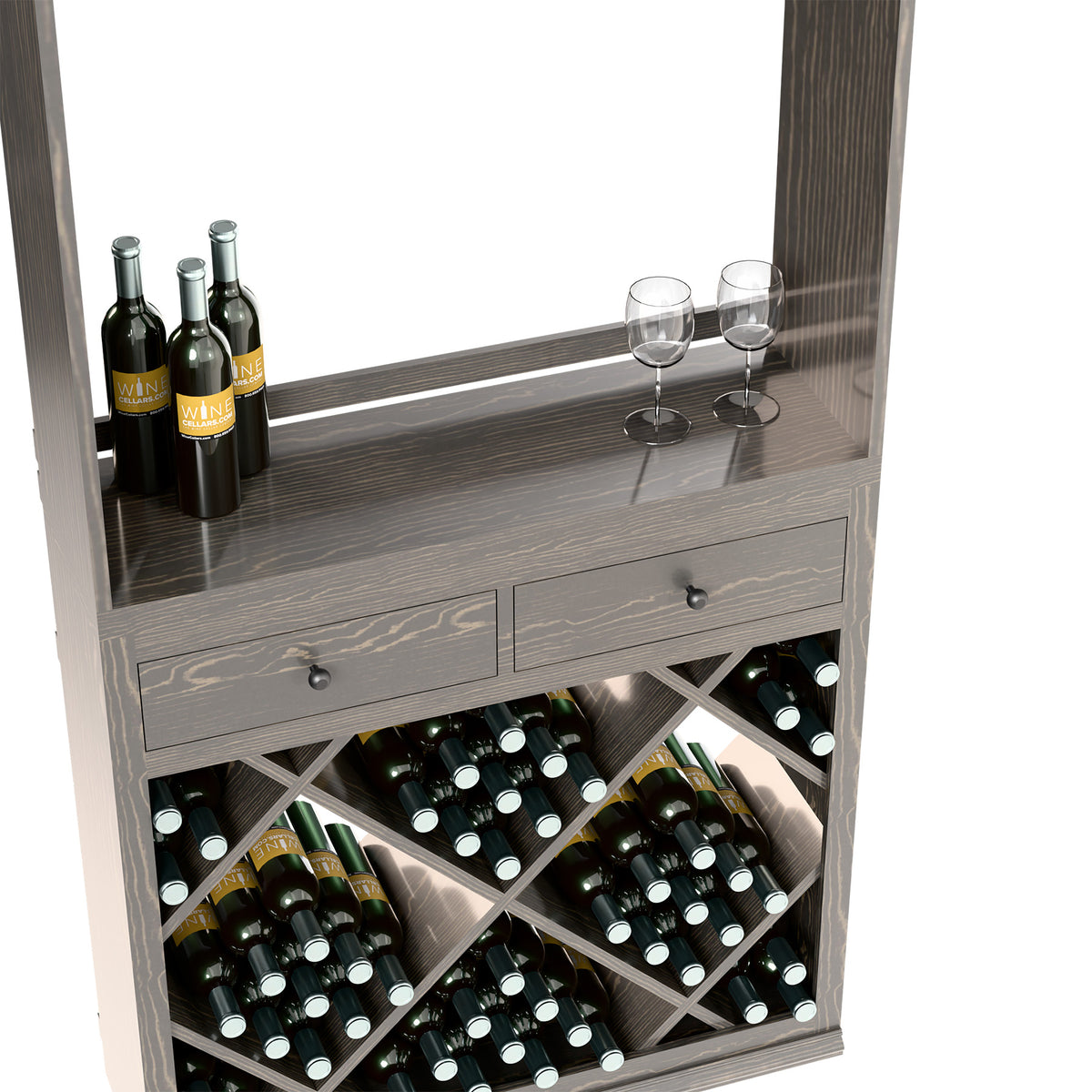 Close-up of gray wine tasting station drawer front and cross-brace bottle storage
