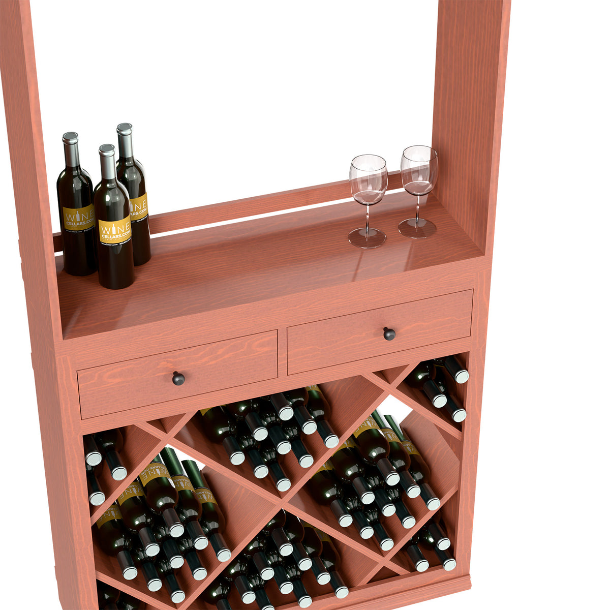 Red wine tasting station showing drawer and X-frame bottle slots with bottles inside