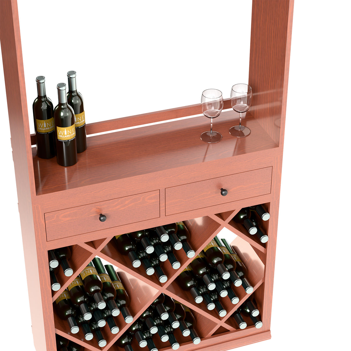 Wine bottle storage compartment with crisscross diamond racks and drawer fronts