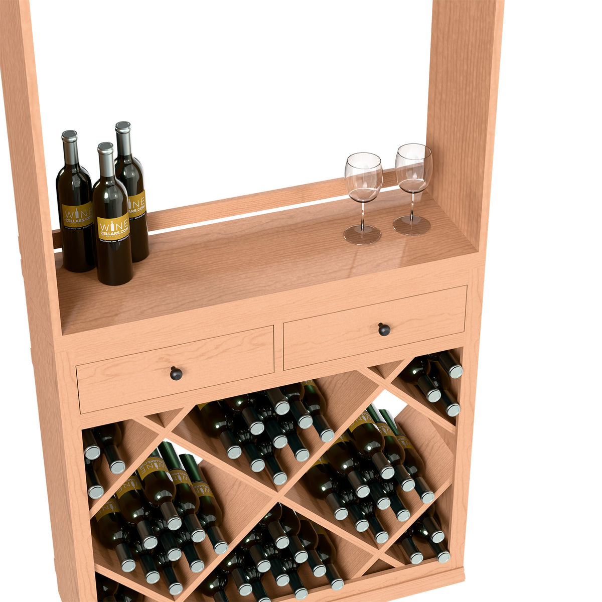 Wine bottle compartments with diamond-style holders and two small drawer pulls