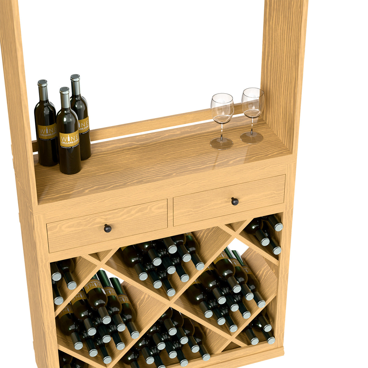 Light wood wine tasting station with open bottle racks, drawer, and glass holder.
