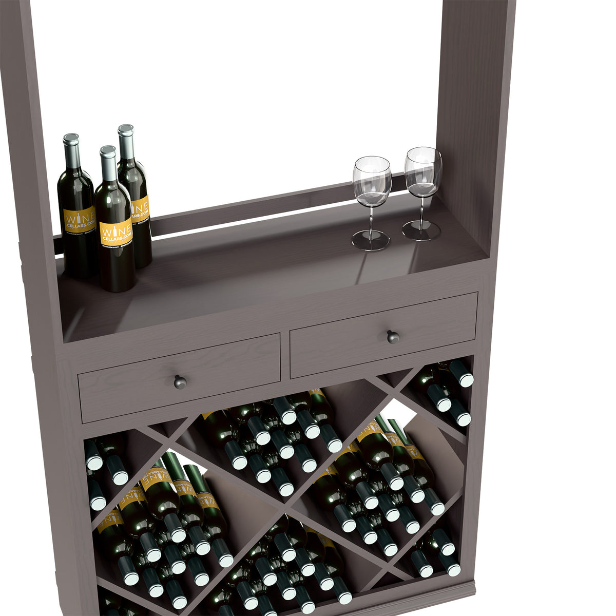 Gray wine tasting station with bottles, two stemmed glasses, and crisscross bottle racks.