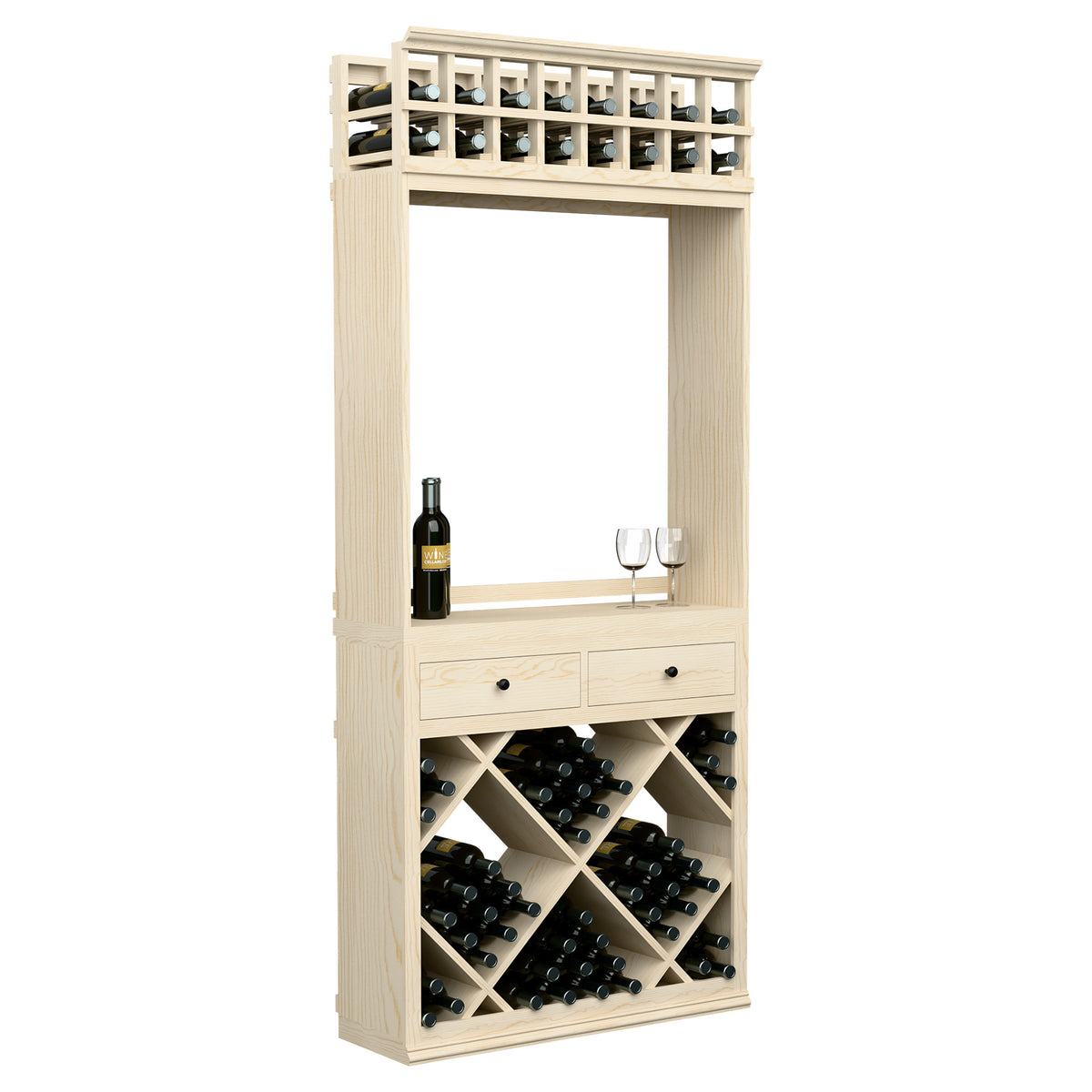 Light wood wine tasting station cabinet with top bottle slots, drawer, and crossed bottle racks