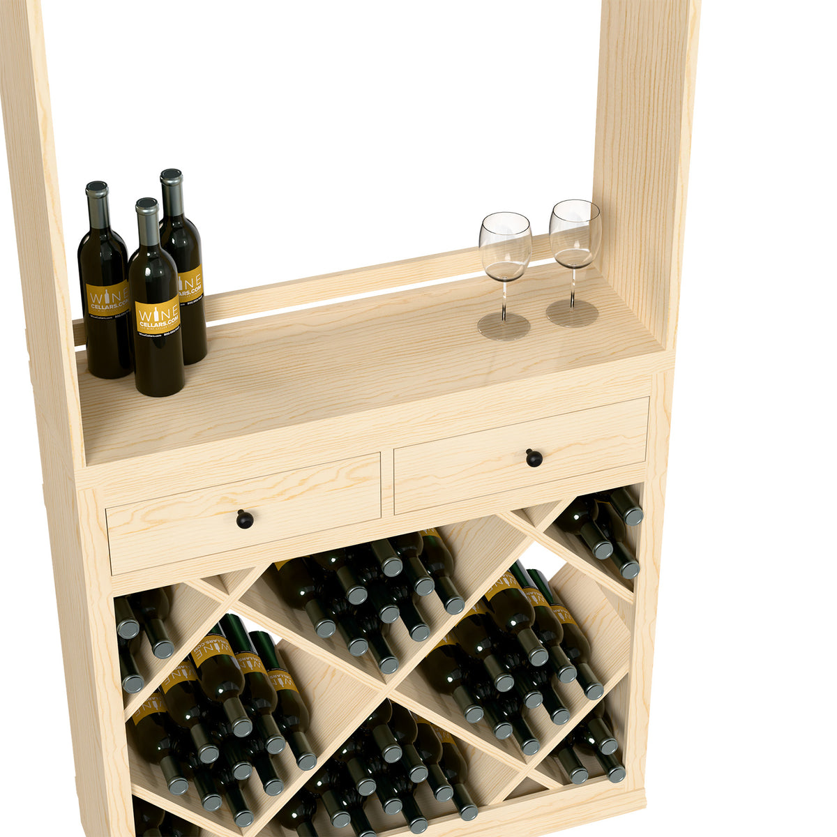Close-up of light wood wine tasting station drawer and diagonal wine bottle storage racks