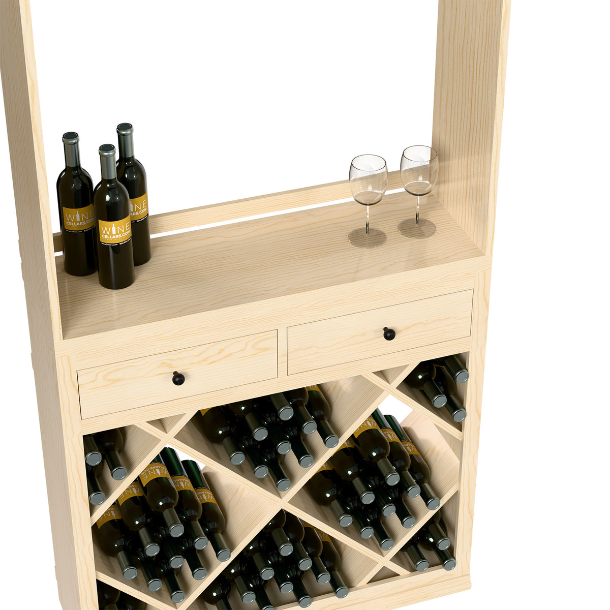 Light wood wine cabinet with open bottle storage, front drawers, and bottle-and-glass ledge