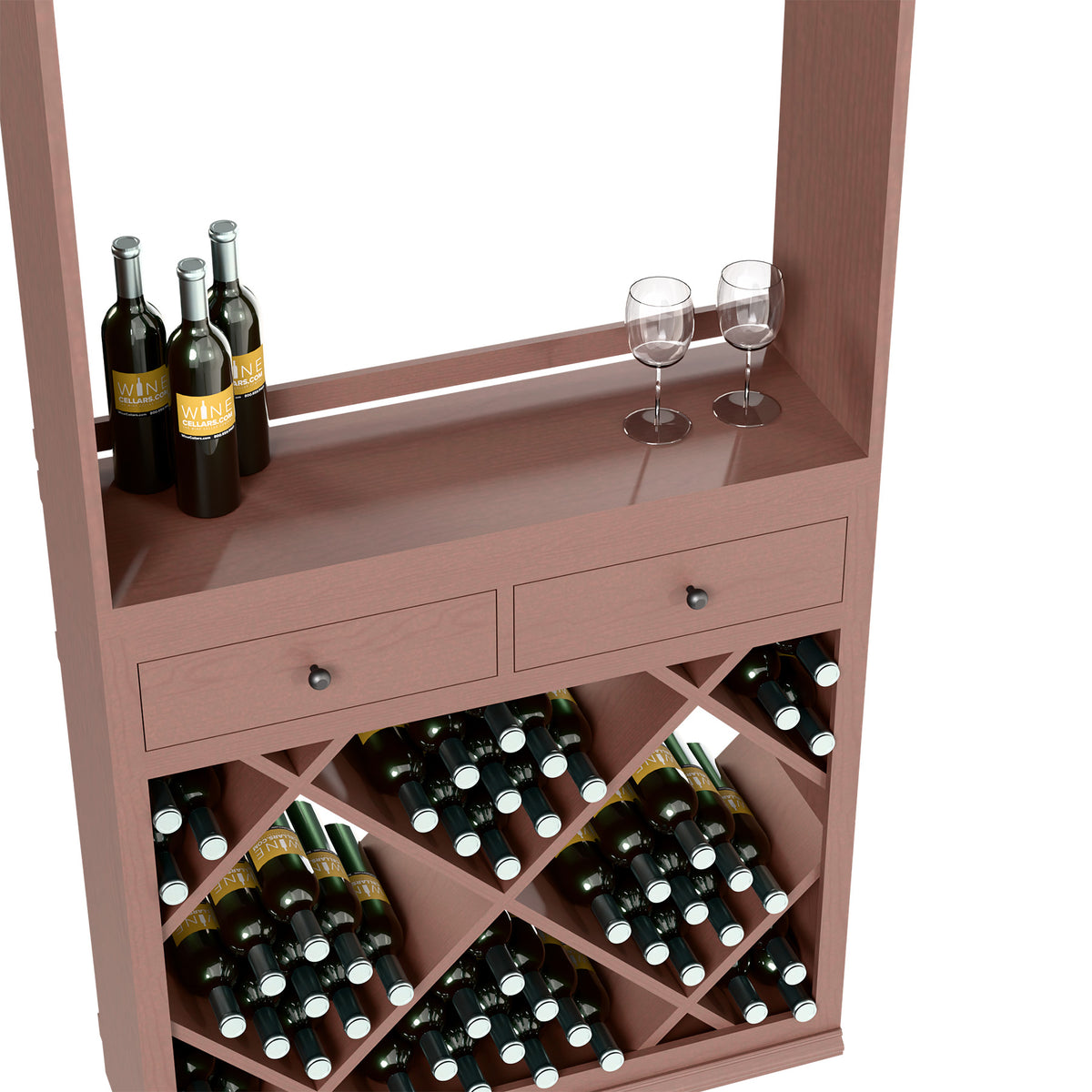 Dark wood wine cabinet with open diamond bottle shelves, two drawers, and bottle-and-glass area