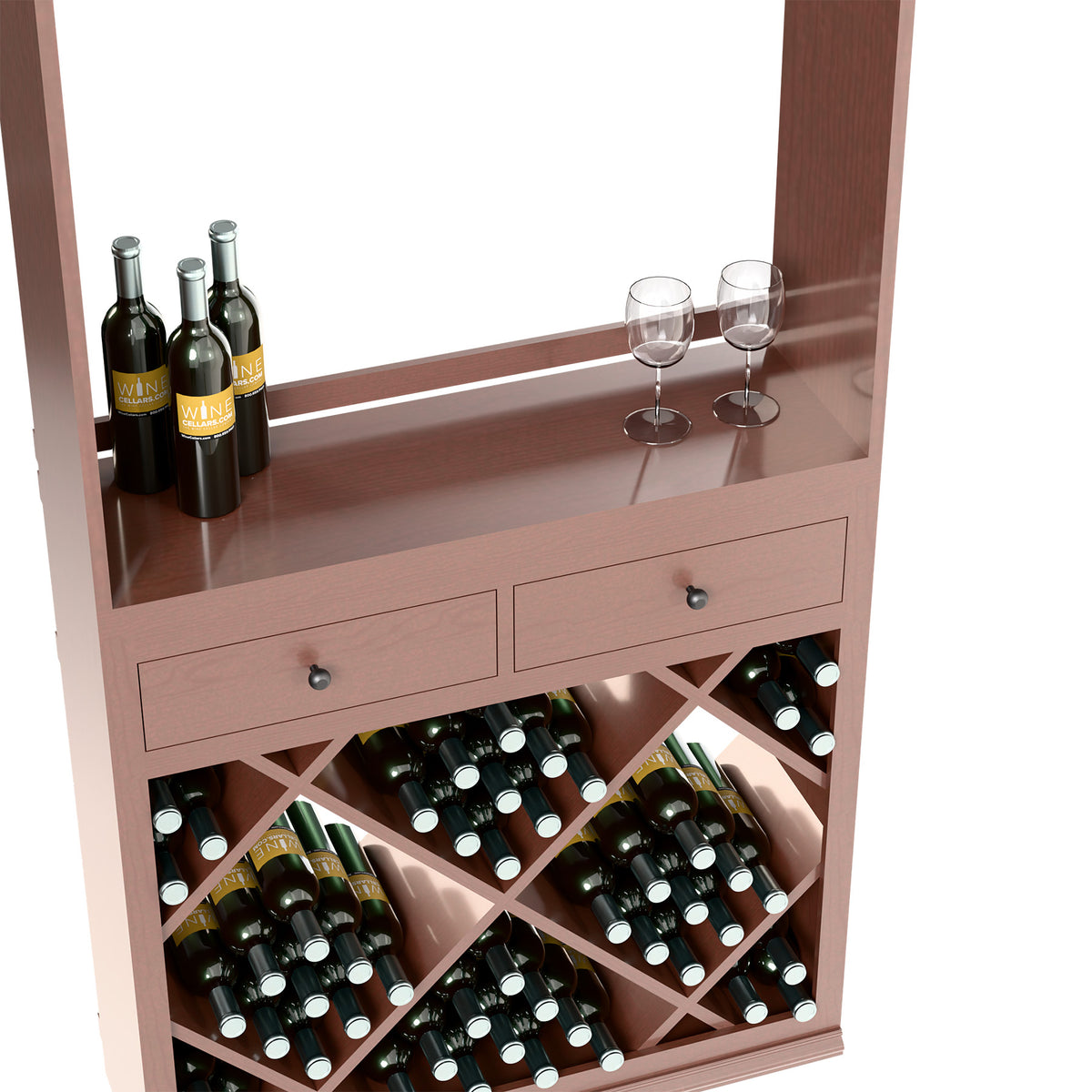 Dark wood wine cabinet showing open diamond bottle compartments and drawer storage below