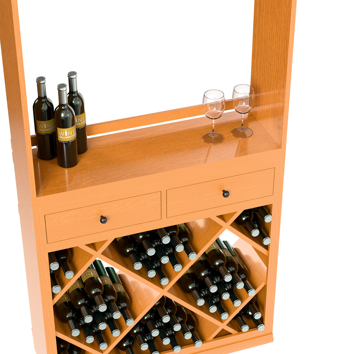 Wood wine tasting station shelf with glasses and bottle display plus front drawer storage