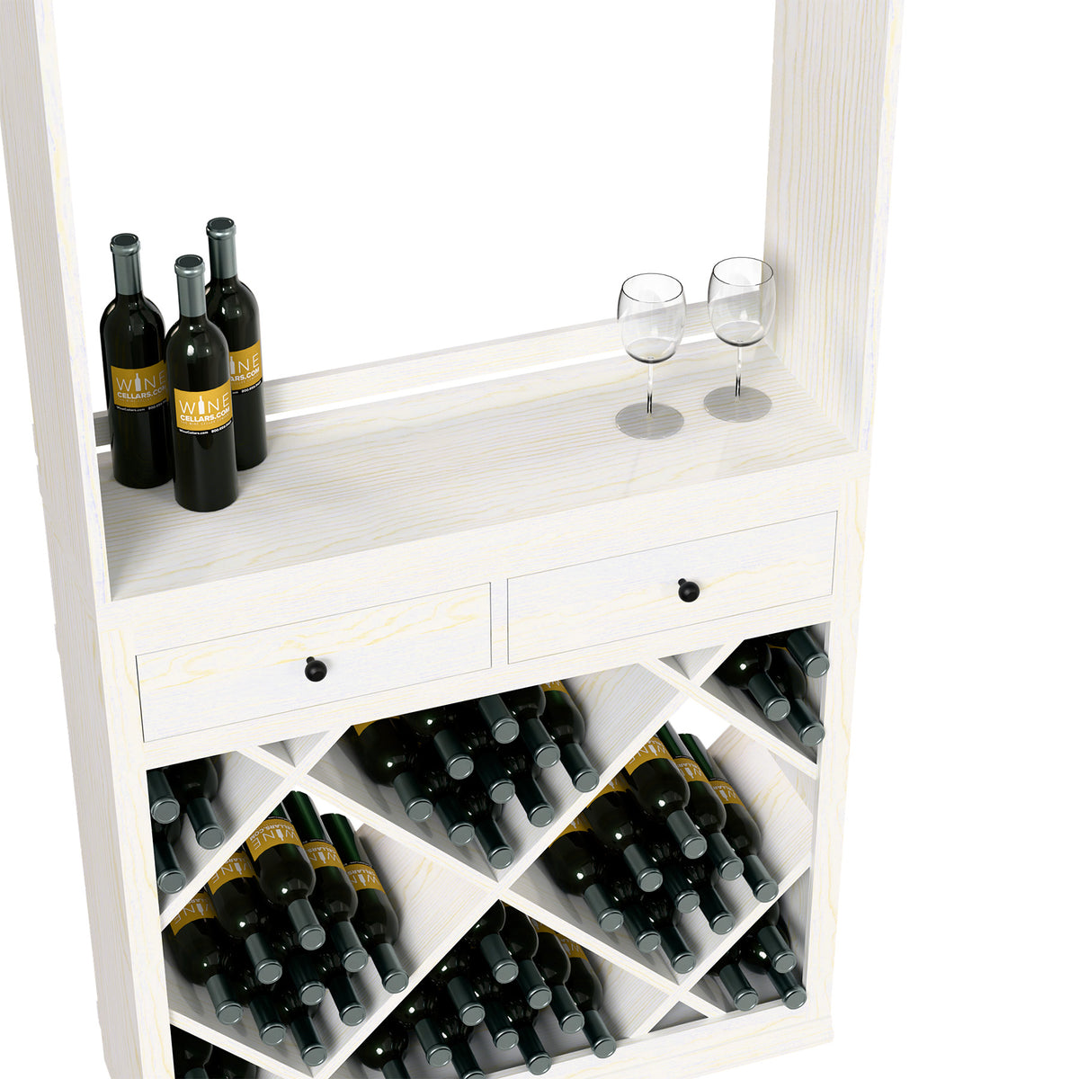 White wine tasting station shelf with glasses, bottles, and front drawer plus crisscross slots