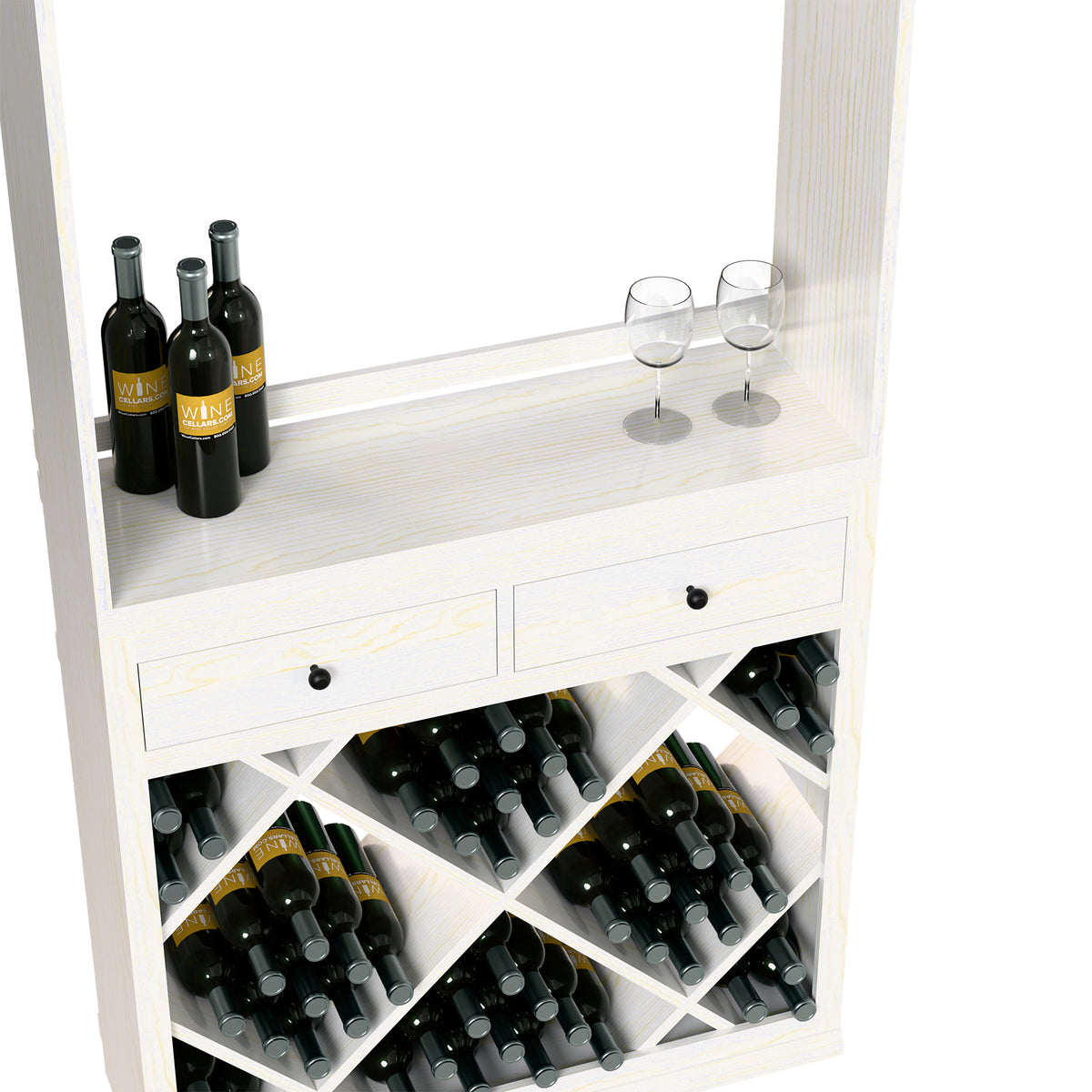 White wine tasting station shelf with glasses, bottles, and front drawer storage over wine slots