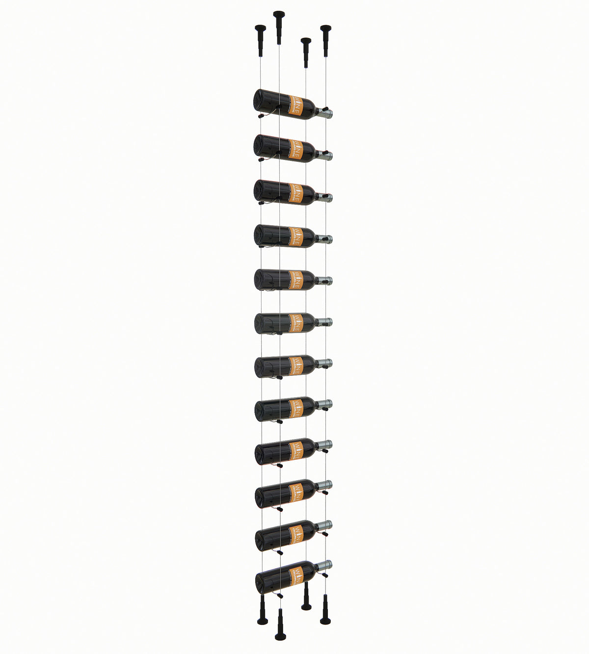 12-bottle cable wine rack with black posts holding 12 bottles