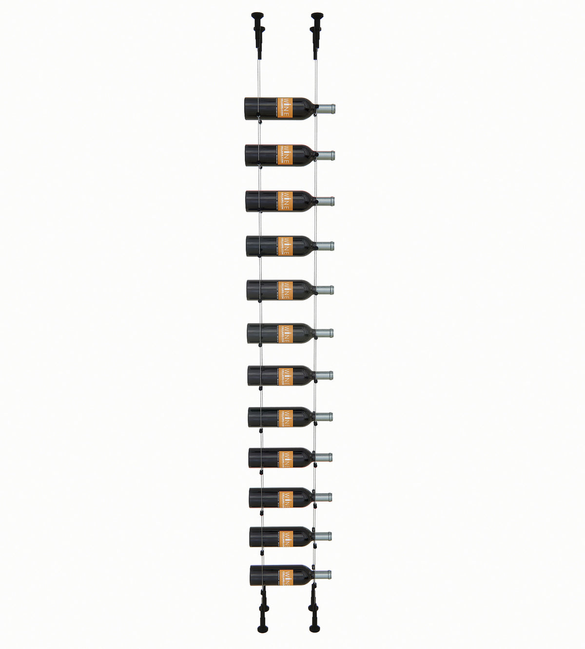 12-bottle cable wine rack, front view, black posts with 12 bottle slots