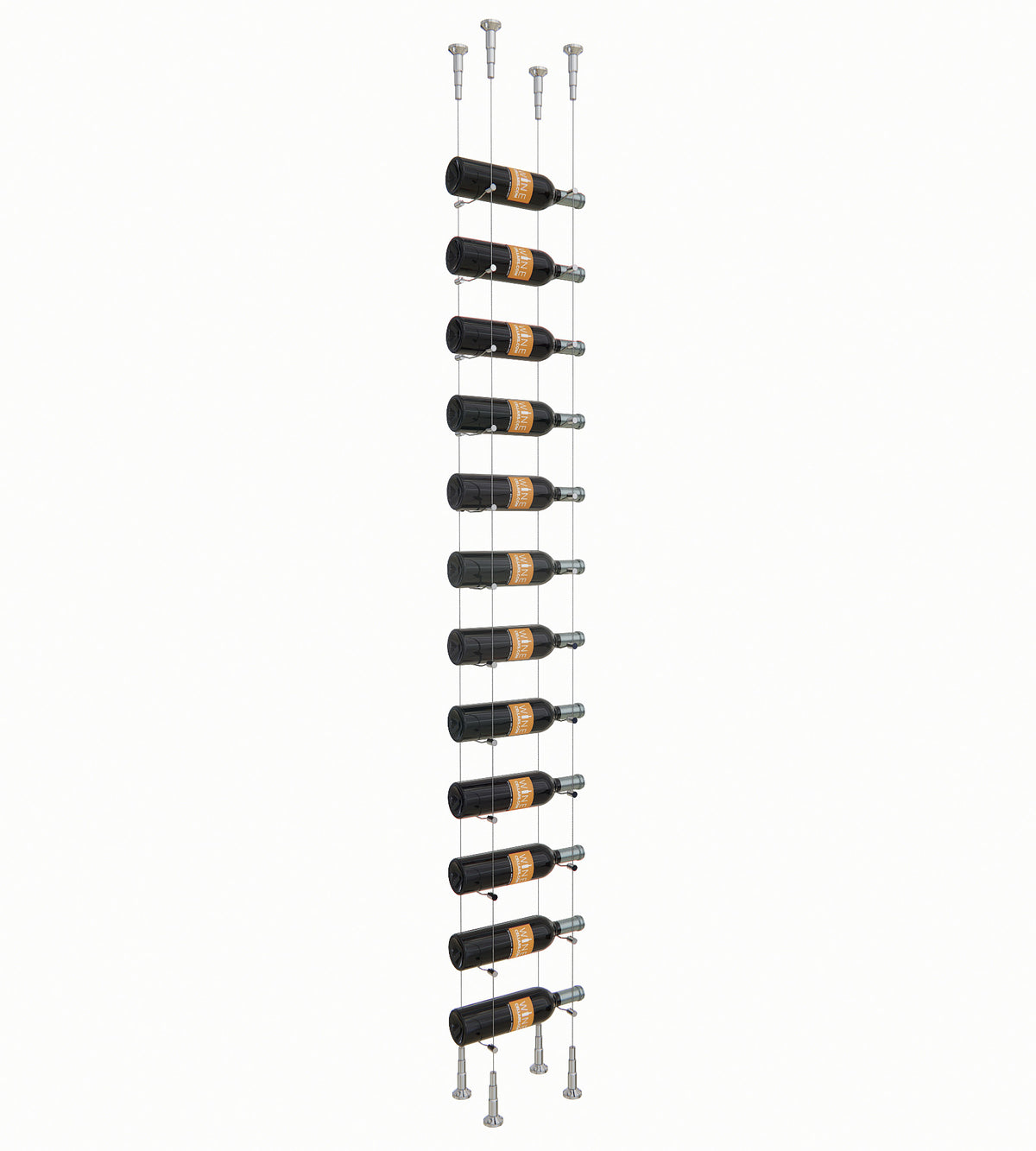 12-bottle cable wine rack with chrome posts holding 12 bottles