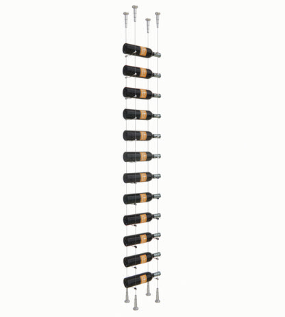 12-bottle cable wine rack with chrome posts holding 12 bottles