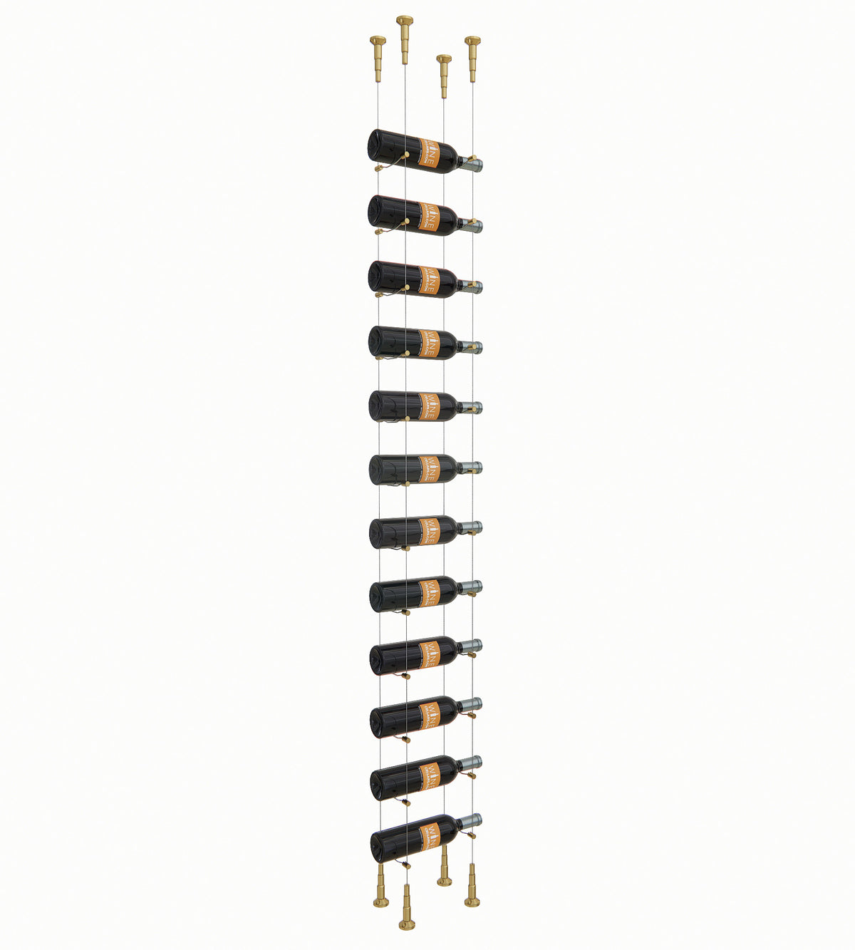 12-bottle cable wine rack with brass-gold posts holding 12 bottles