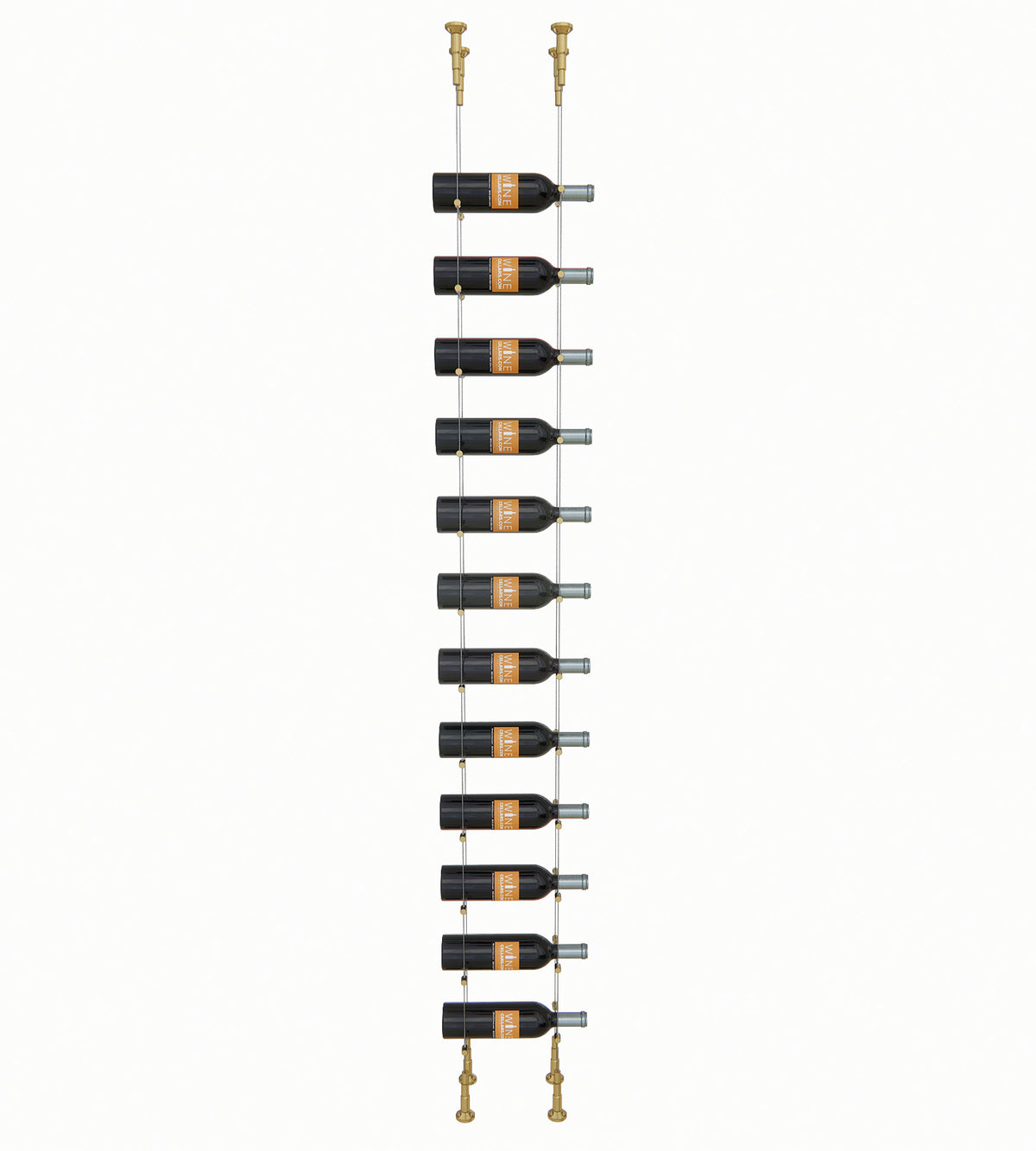 12-bottle cable wine rack with gold posts and 12 bottle holders
