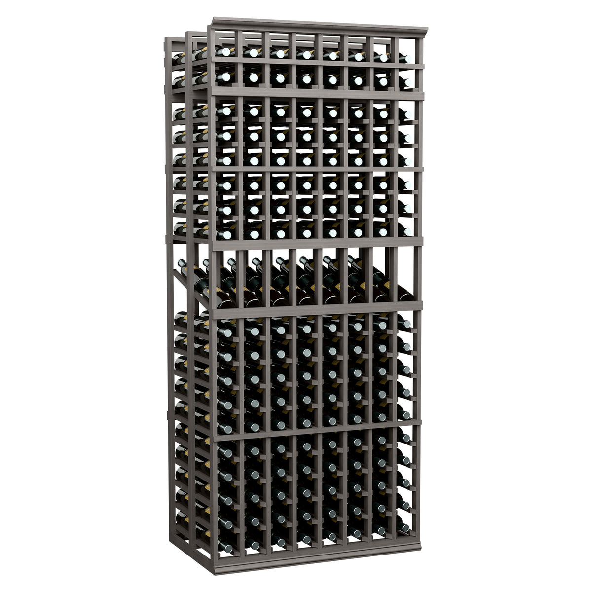 Black 8-column double-deep wine bottle display rack with front grid slots