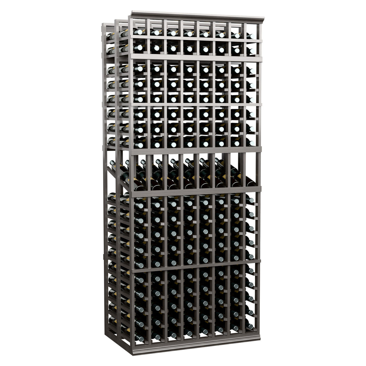 Black 8-column double-deep wine bottle rack, front view with filled bottle slots