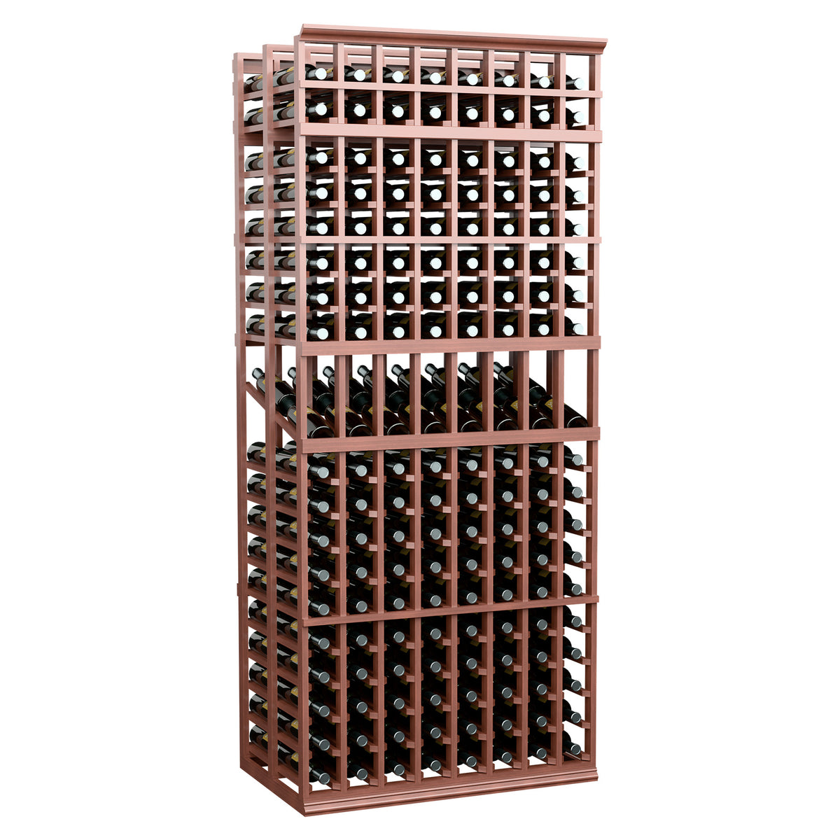 Red-brown 8-column double-deep wine bottle rack, front view with bottle rows