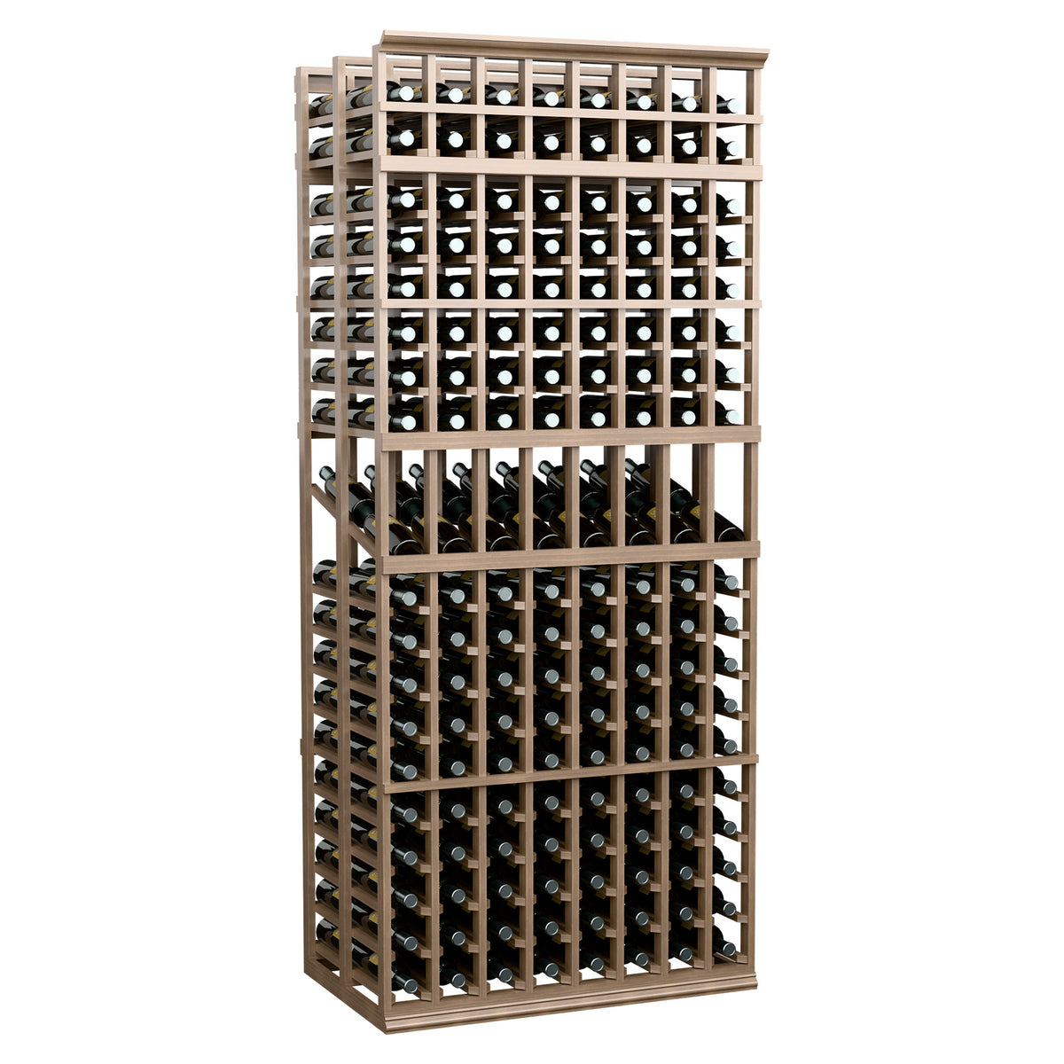 Light wood 8-column double-deep wine bottle rack, front view with filled bottle slots