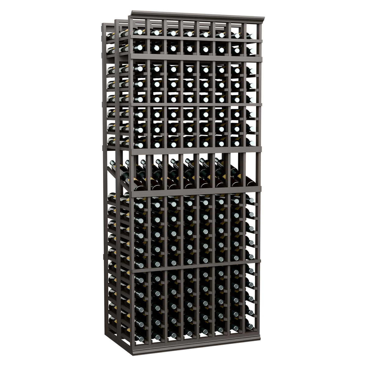 Dark gray 8-column double-deep wine bottle display rack with front grid slots