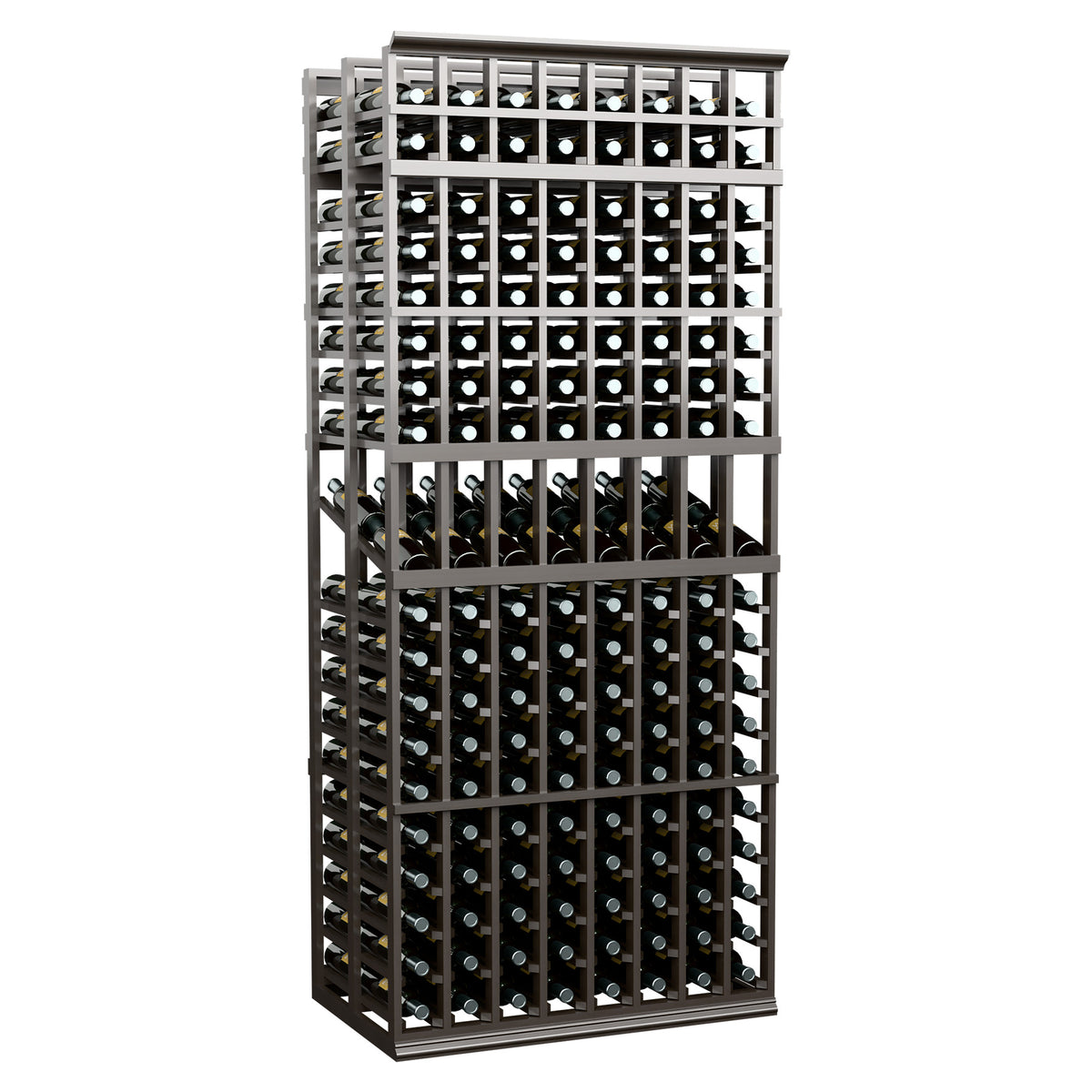 Black 8-column double-deep wine bottle rack, front view with bottle rows