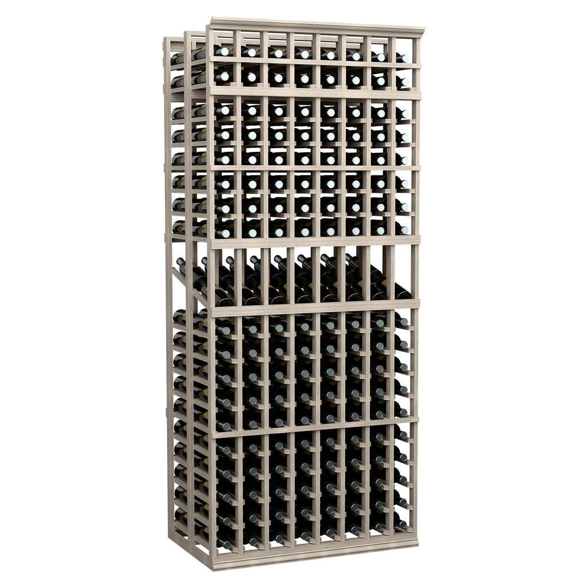 8-column double-deep wine rack with light grey wood frame and bottle display cubbies
