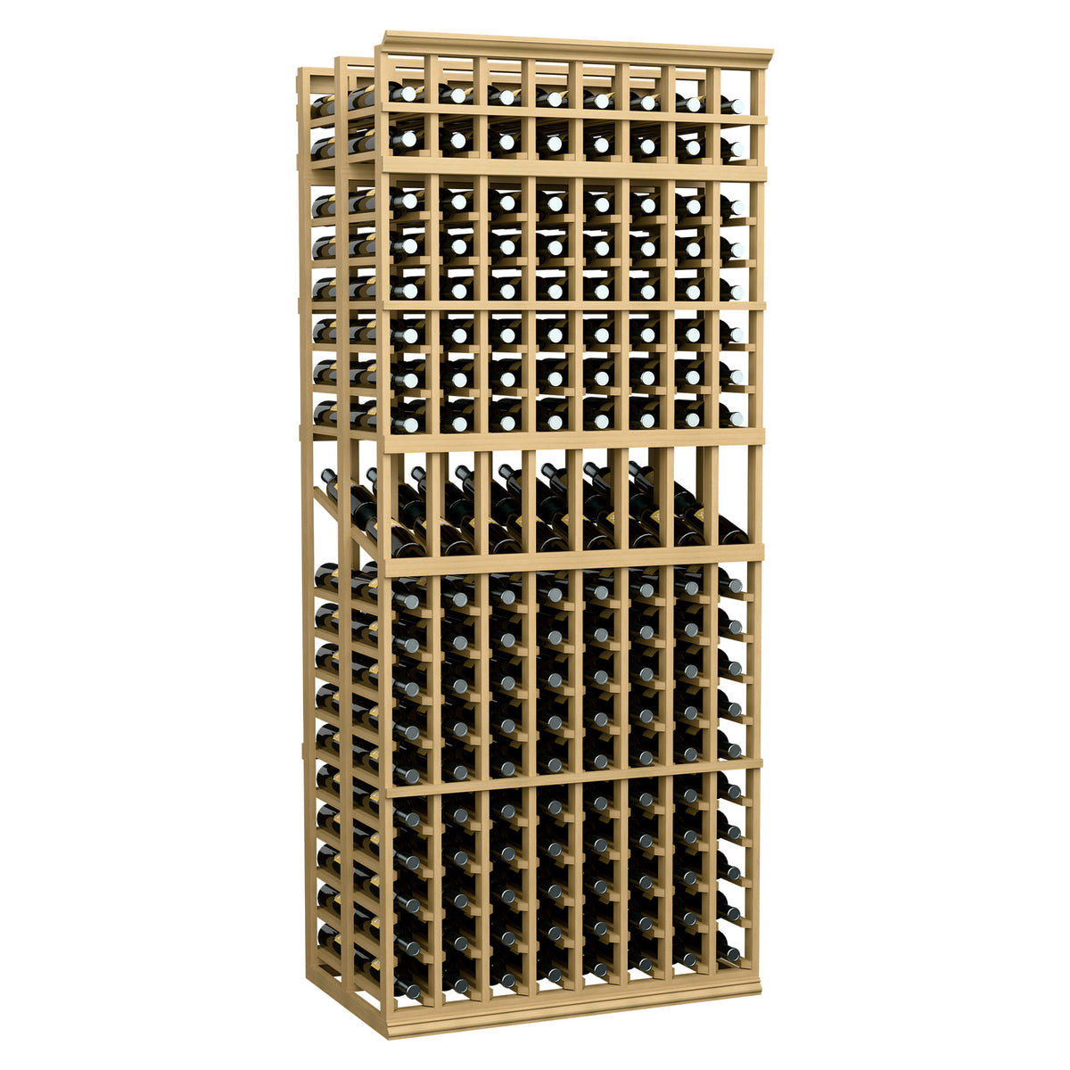 8-column double-deep wine rack with natural wood frame and bottle display cubbies