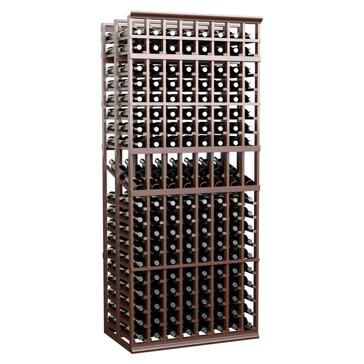 8-column double-deep wine rack with dark brown frame and wine bottles in grid rows