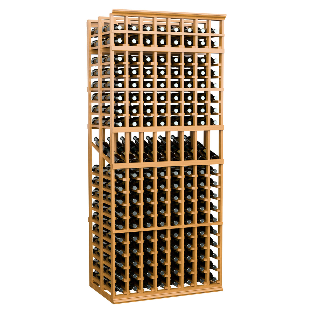 8-column double-deep wine rack with honey wood frame and multiple wine bottle openings