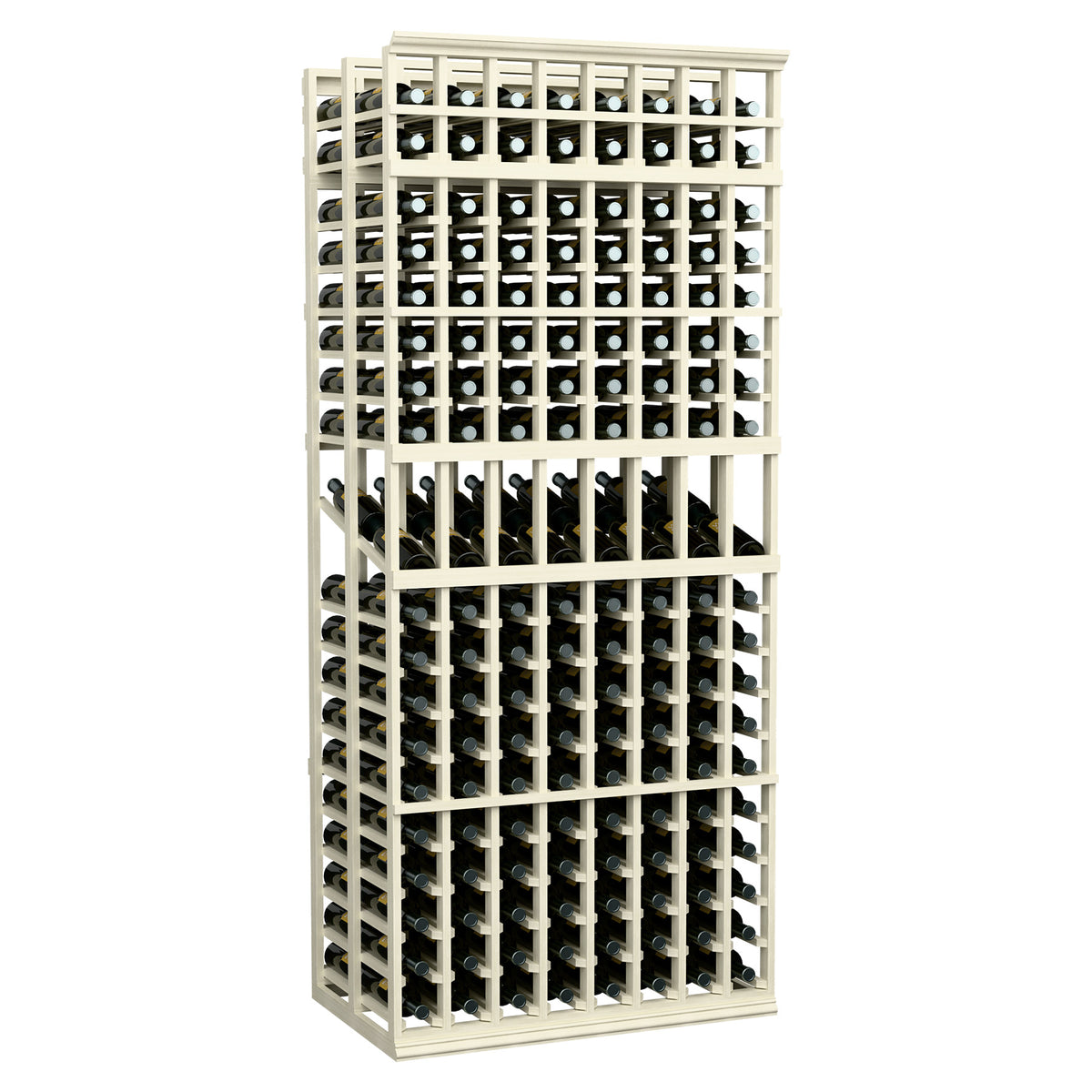 8-column double-deep wine rack with light grey wood frame and stacked bottle cubbies